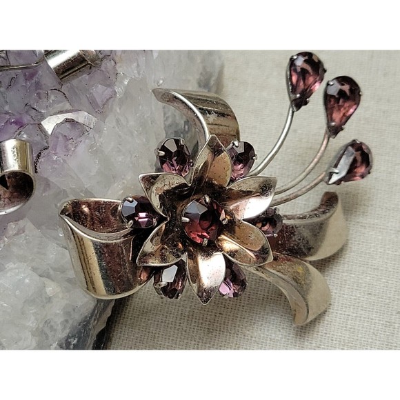 Vintage Sterling Purple Rhinestone Flower Bow Ribbon Brooch Pin Earring Set - Picture 2 of 8